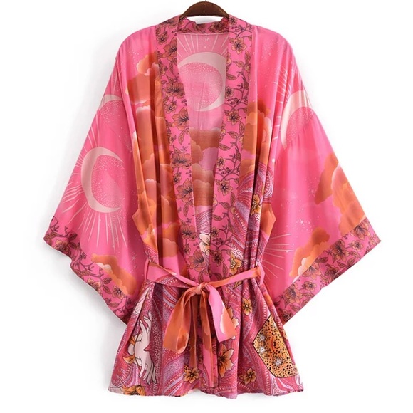 Fuchsia Pink Cosmic Galaxy Moon Boho Short Kimono Coverup Robe - Picture 6 of 10